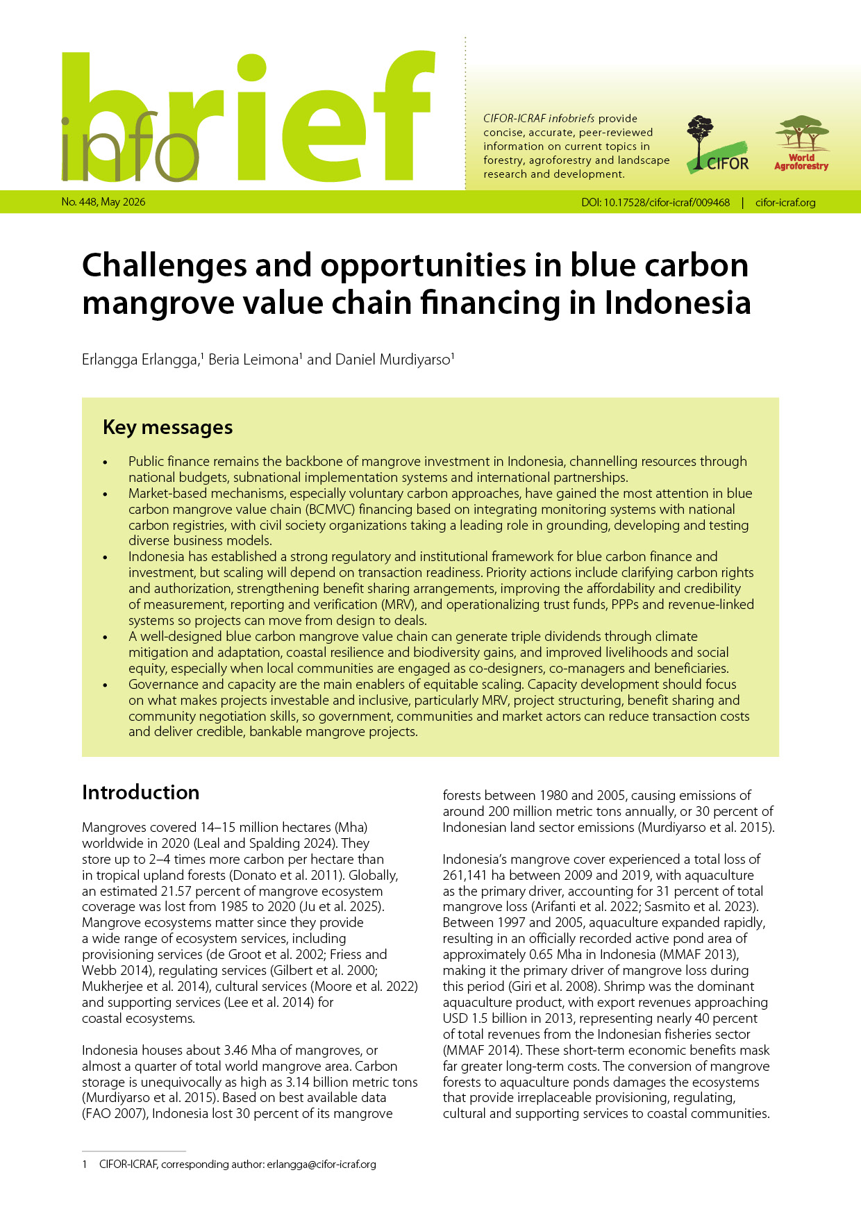 thumbnail of Challenges and opportunities in blue carbon mangrove value chain financing in Indonesia
